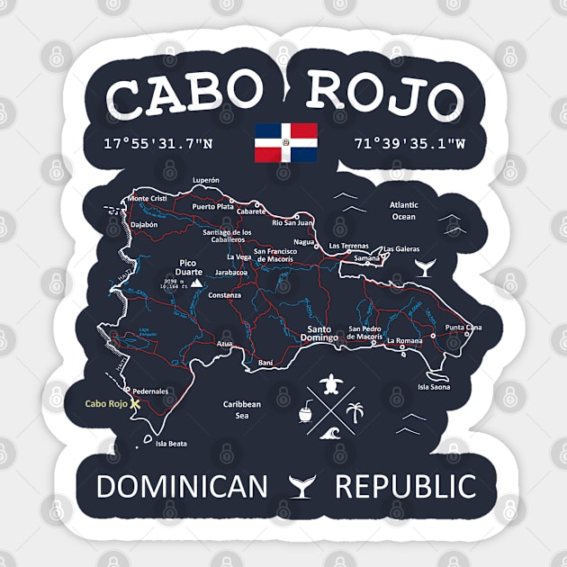 Cabo Rojo Dominican Republic Flag Travel Map Coordinates Roads Rivers and Oceans Sticker by French Salsa